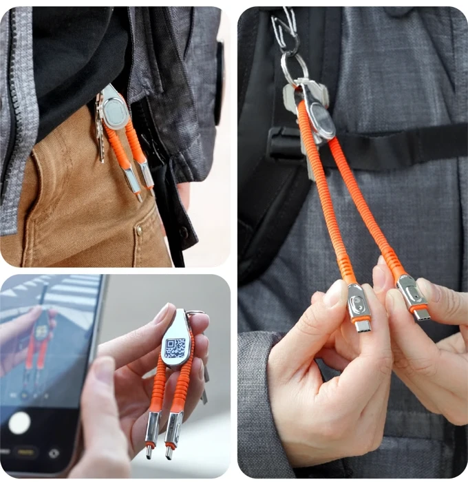 The Cable Clip on a keyring, backpack, and bag