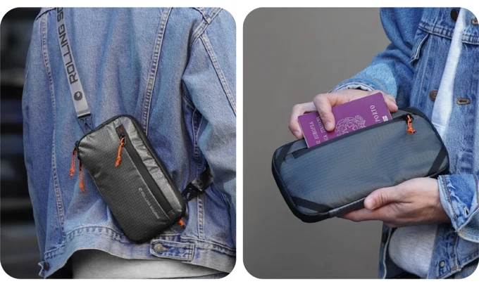 Tech Pouch worn crossbody and in the hand