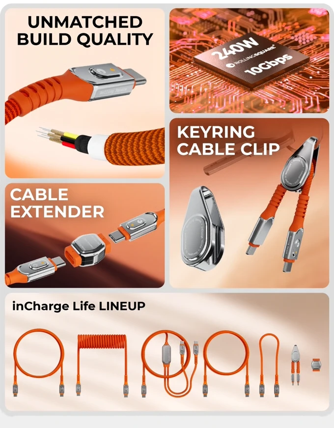 Unmatched build quality, 240W and 10Gbps, Cable Extender, keyring Cable Clip, and the full inCharge Life lineup