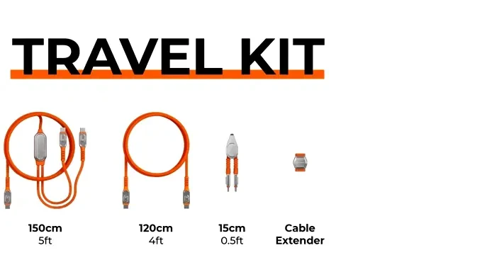Travel Kit — 150cm 2in1, 120cm Standard, 15cm Keyring, and a Cable Extender